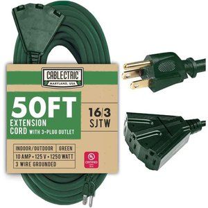 Outdoor Extension Cord 50 Ft 3 Outlets, 16/3 SJTW Weatherproof, Green